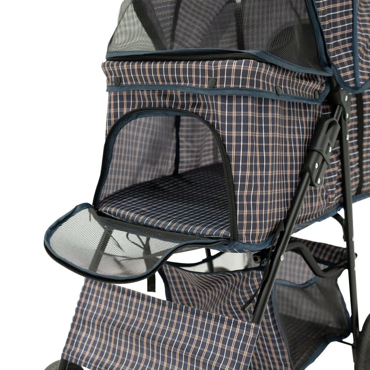 Pet stroller in blue tartan with mesh windows, spacious interior, and caddy bag for storage, ideal for pets on the go