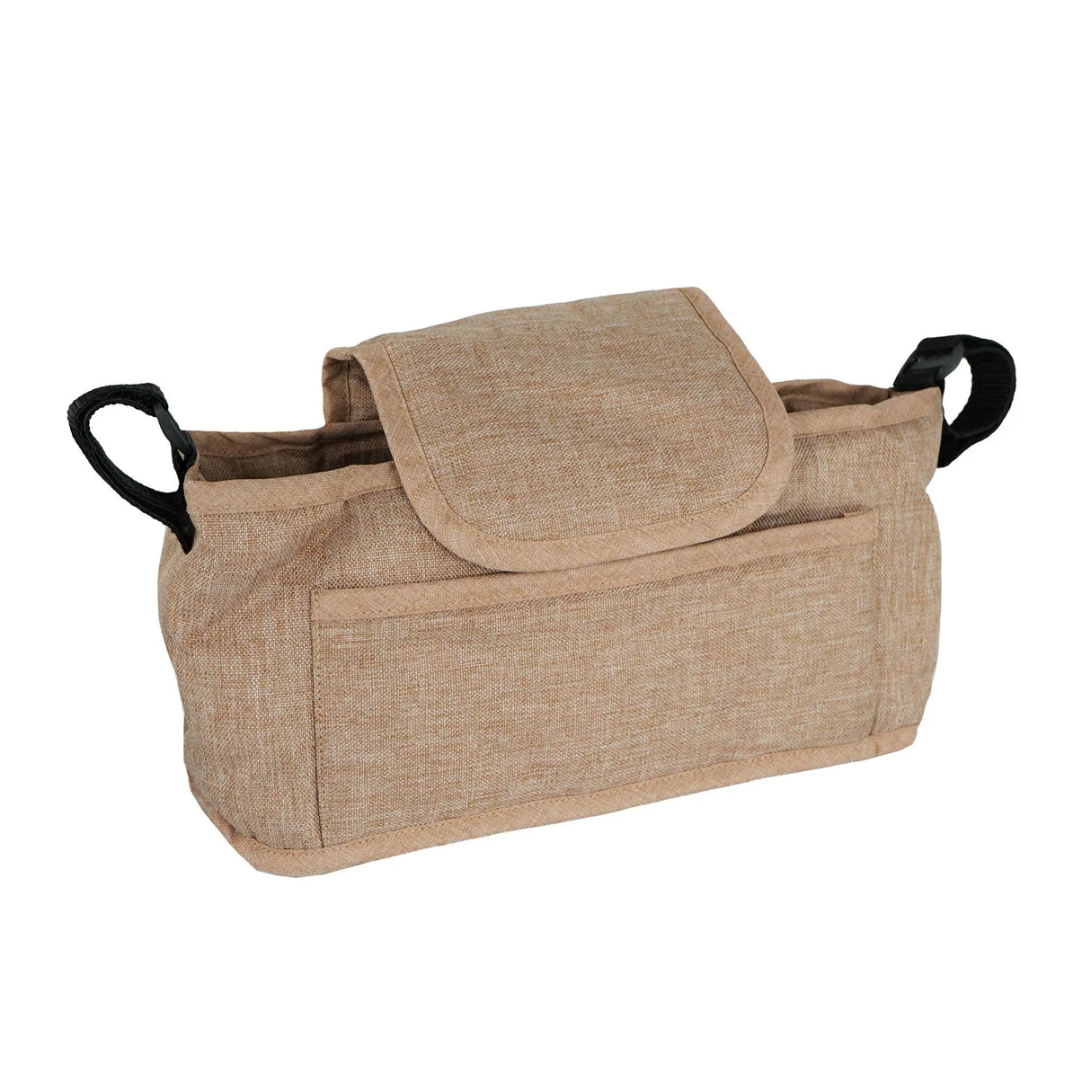 Woven beige caddy bag for pet stroller, featuring a flap closure, sturdy handles, and a front pocket for storage convenience