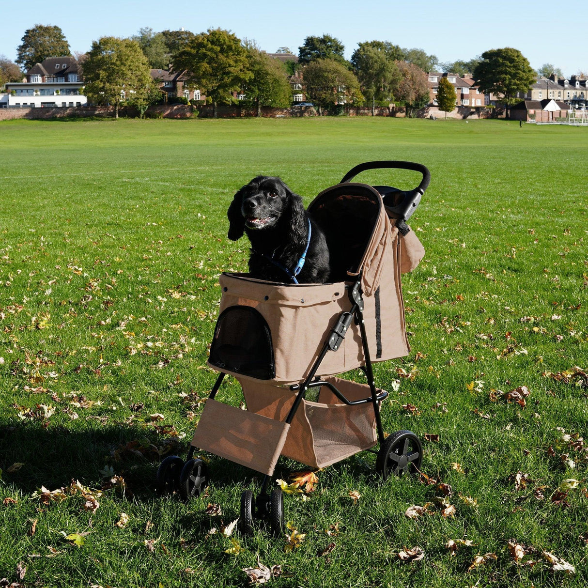 Pet stroller in woven beige with rain cover, caddy bag, and a black dog inside, set against a green park backdrop