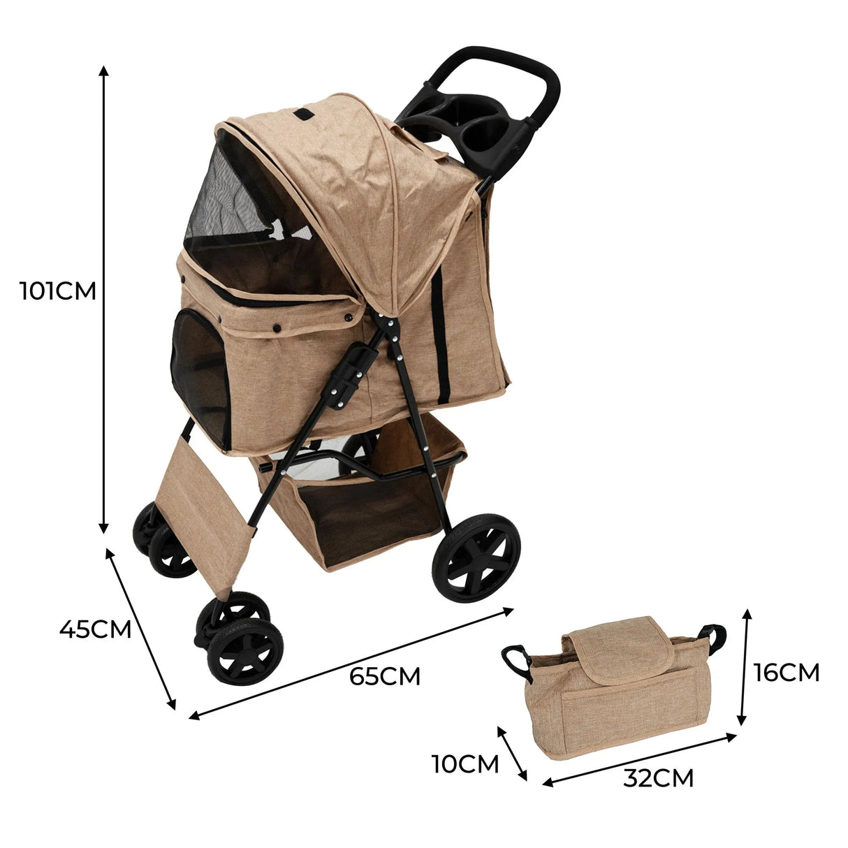 Woven beige pet stroller with rain cover, caddy bag, and black wheels, featuring a spacious interior and sturdy frame for pets