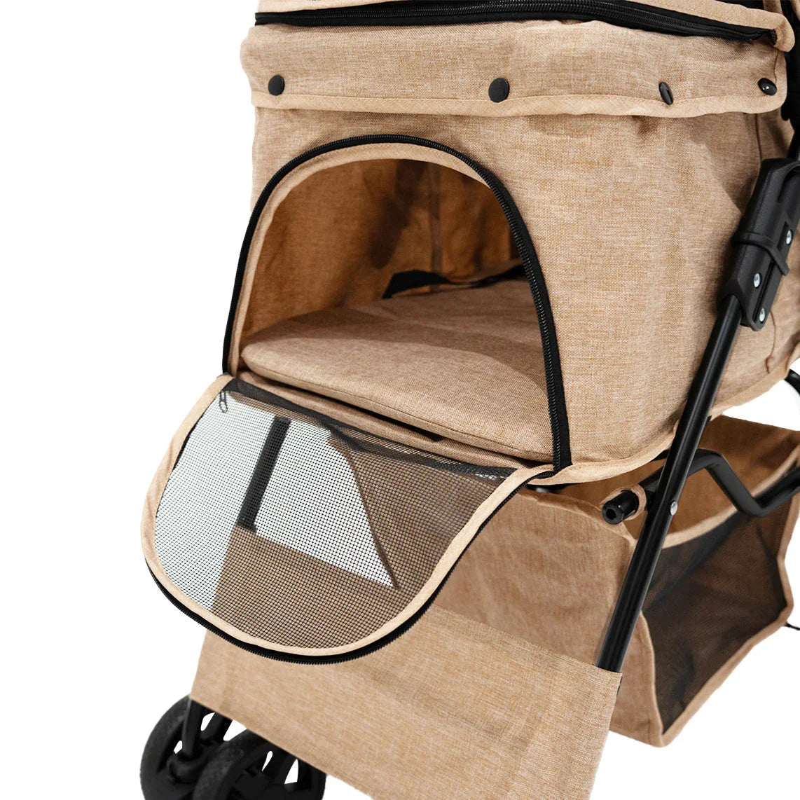 Pet stroller in woven beige with a mesh front opening, rain cover, and caddy bag for convenient pet transport and storage