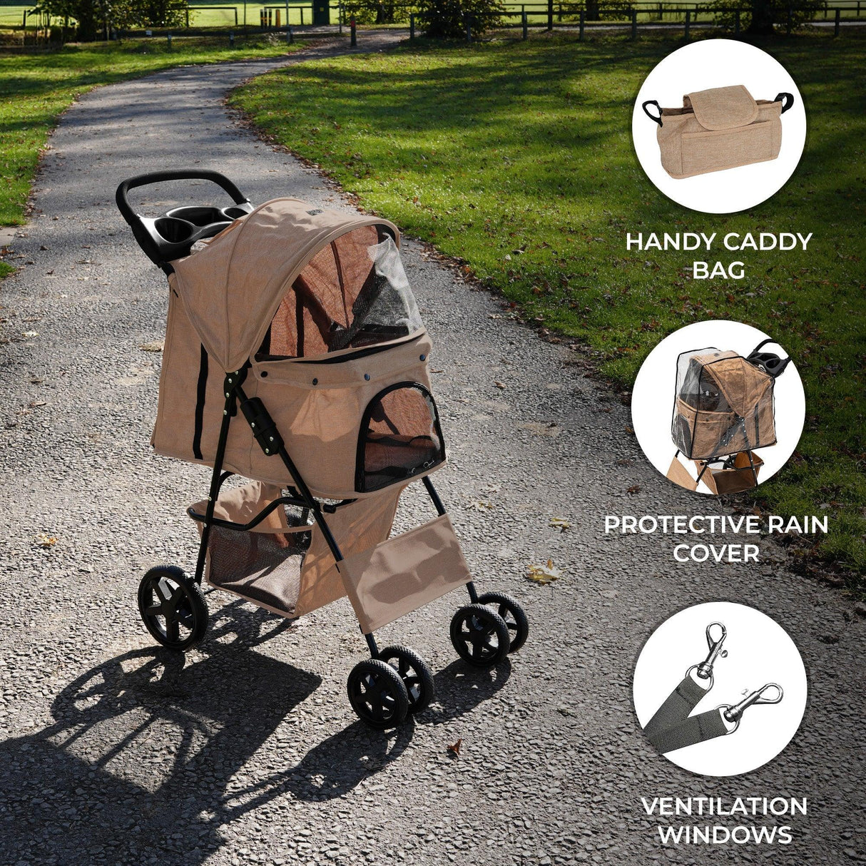 Woven beige pet stroller with rain cover, caddy bag, and ventilation windows, designed for comfort and convenience during walks