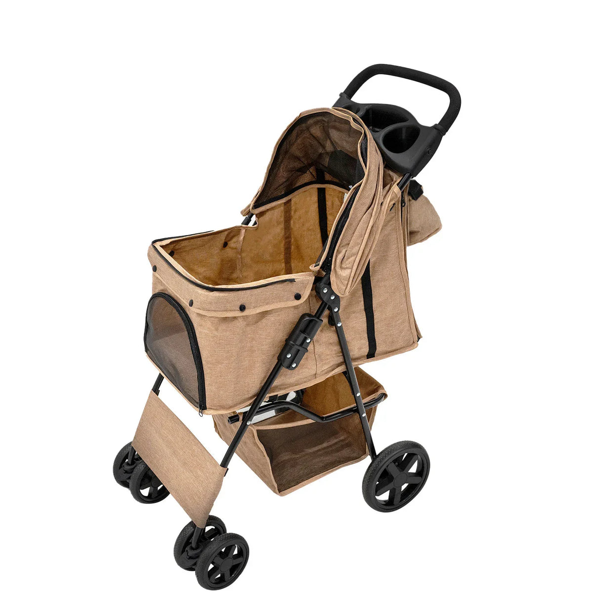 Woven beige pet stroller featuring a rain cover, caddy bag, spacious interior, and sturdy black wheels for easy maneuverability