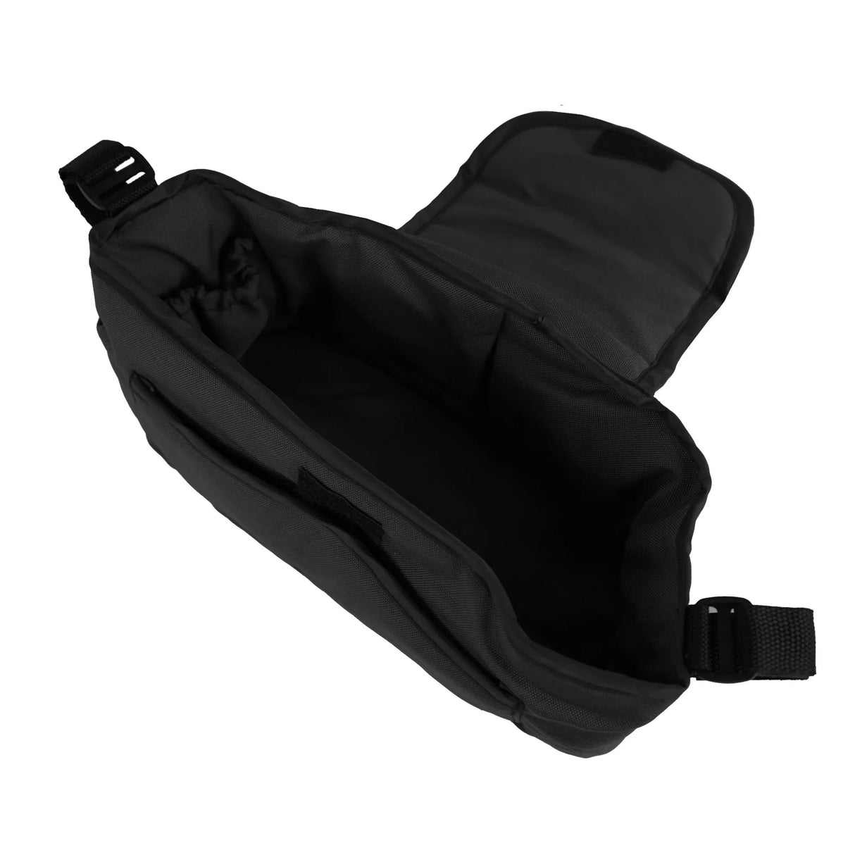 Spacious black pet stroller caddy bag with soft interior, adjustable straps, and secure closure for convenient pet travel accessories
