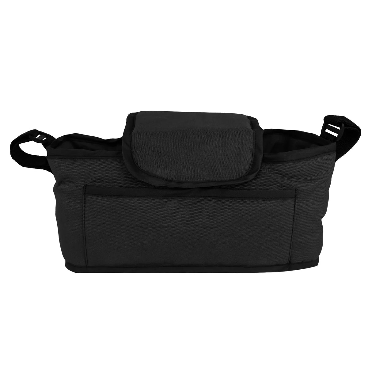 Black pet stroller caddy bag featuring a spacious main compartment, front pocket, and adjustable straps for easy attachment