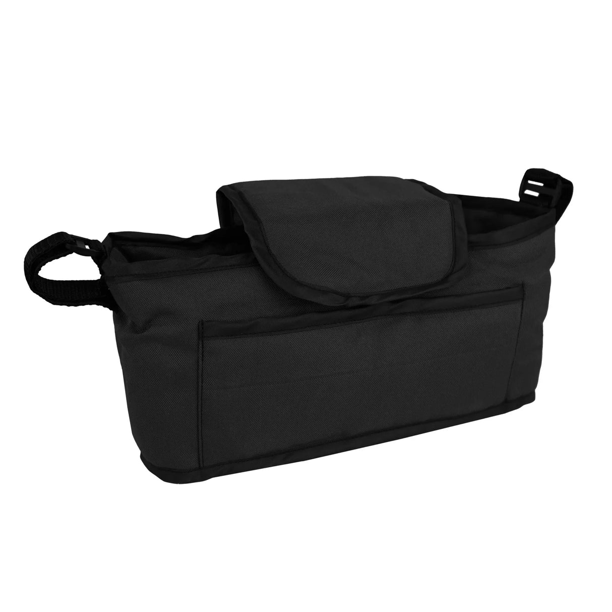 Black pet stroller caddy bag with a spacious design, sturdy fabric, and a secure flap closure for easy access and organization