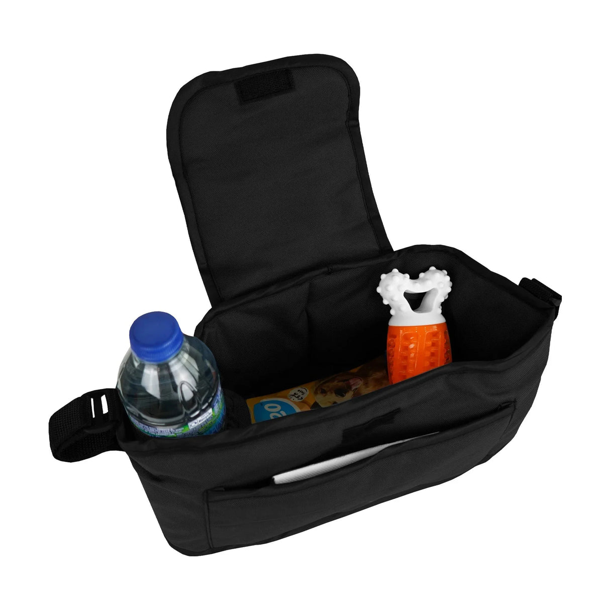 Black pet stroller caddy bag featuring a spacious interior with a water bottle, dog toy, and treats for convenient pet outings