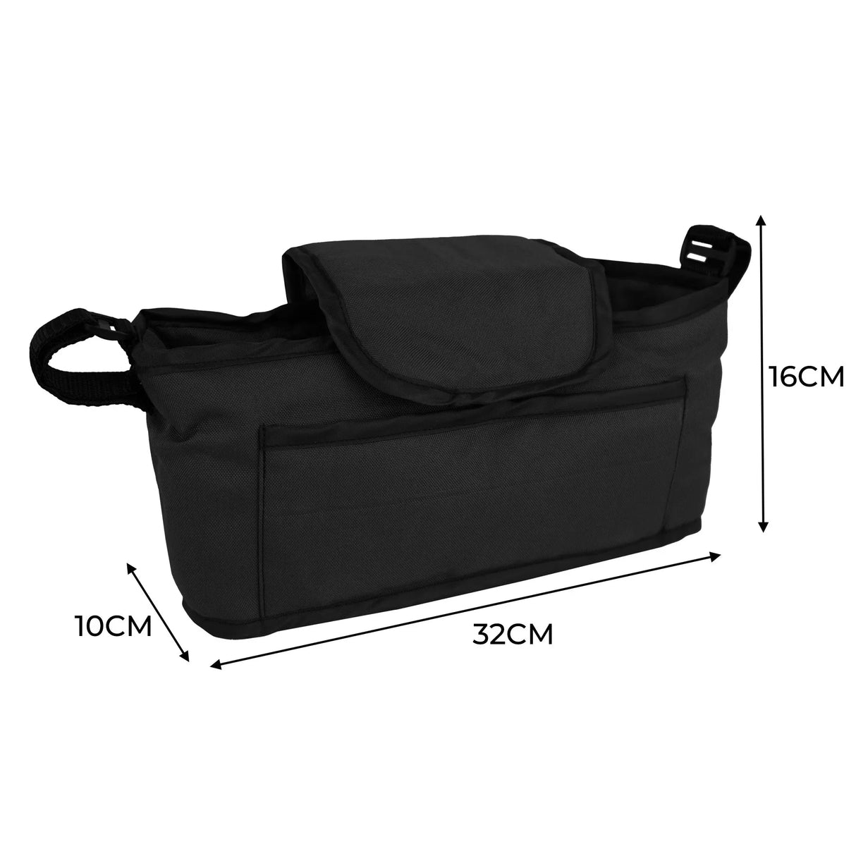 Black pet stroller caddy bag with a flap closure, featuring multiple pockets and sturdy handles for easy transport and organization