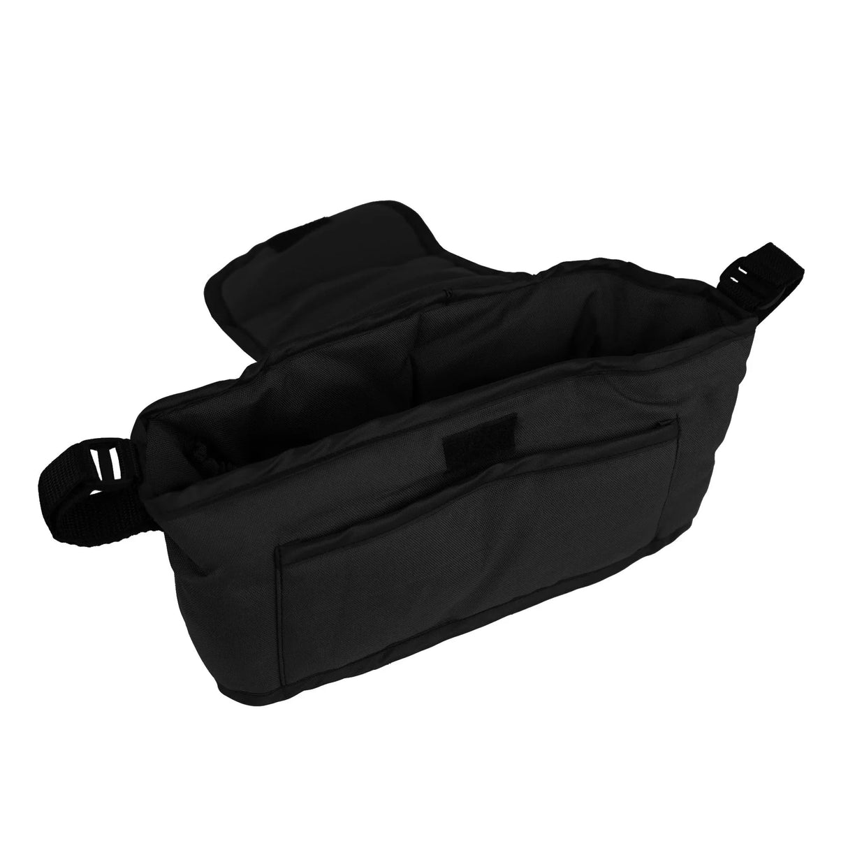 Black pet stroller caddy bag featuring multiple compartments, durable fabric, and adjustable straps for easy attachment and access