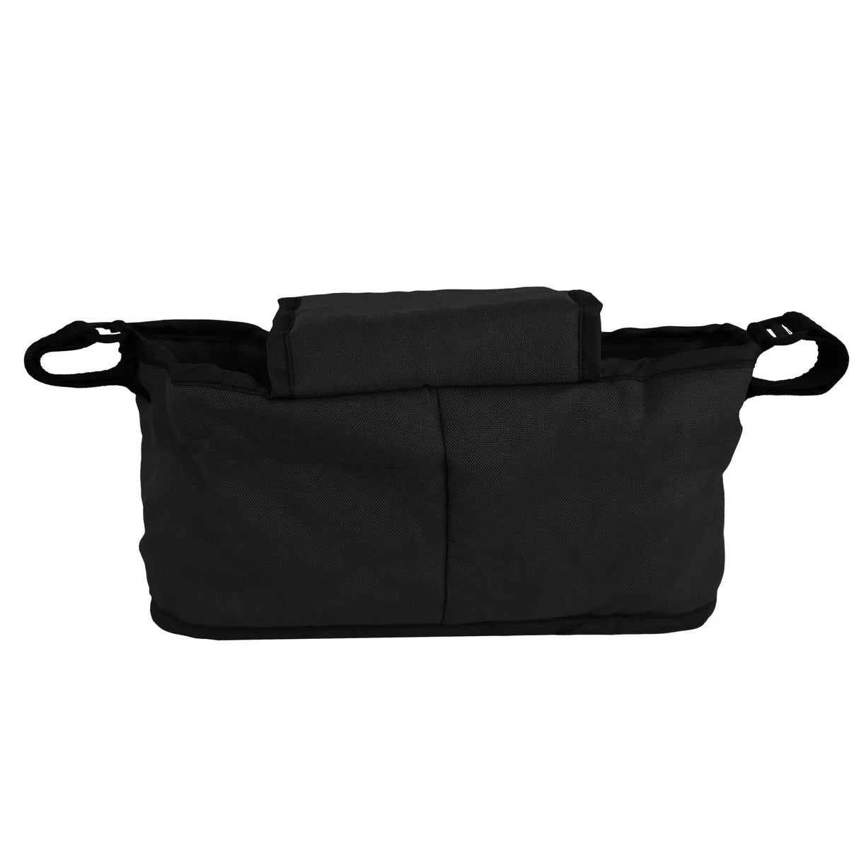 Black pet stroller caddy bag featuring a spacious design, sturdy fabric, and convenient carrying handles for easy transport