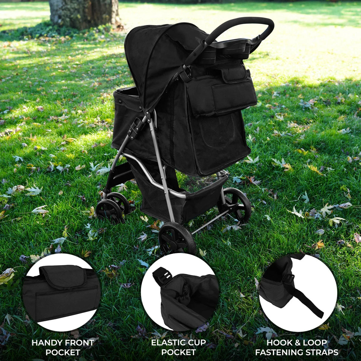 Black pet stroller caddy bag featuring a front pocket, elastic cup holder, and hook & loop straps, ideal for pet outings