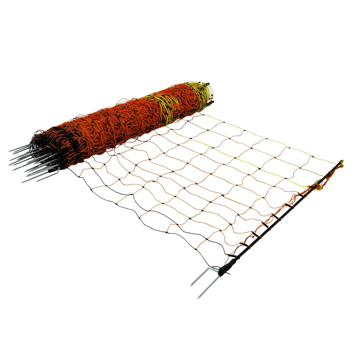 Electric poultry netting roll, 50m long, features vibrant orange and black mesh with sturdy posts for secure fencing and protection