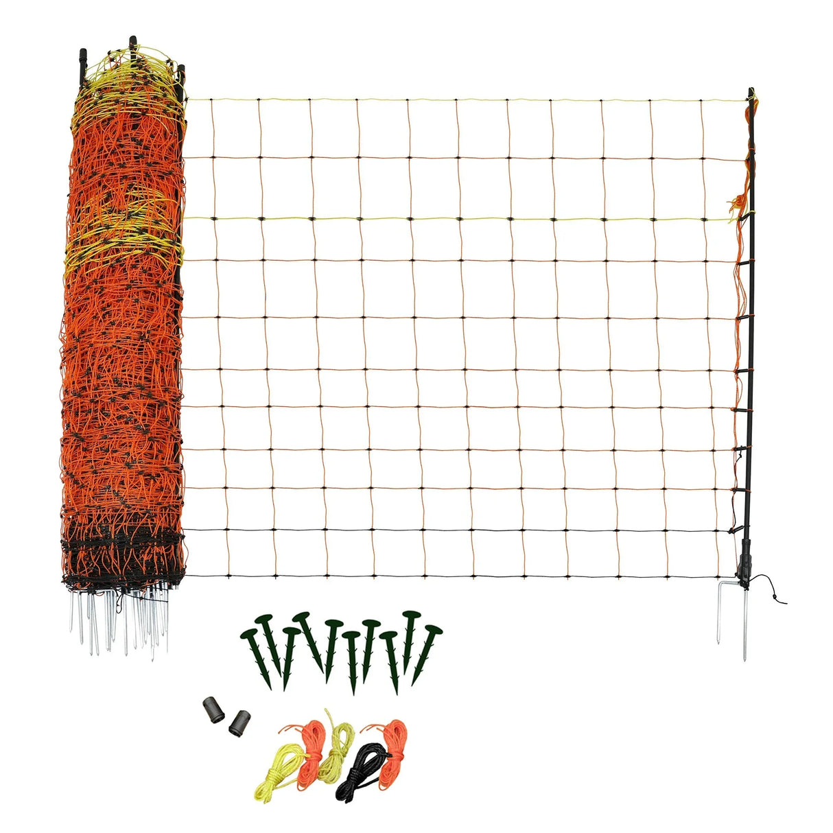 Electric poultry netting in vibrant orange and black, 50m long, with included stakes and connectors for easy setup and secure fencing