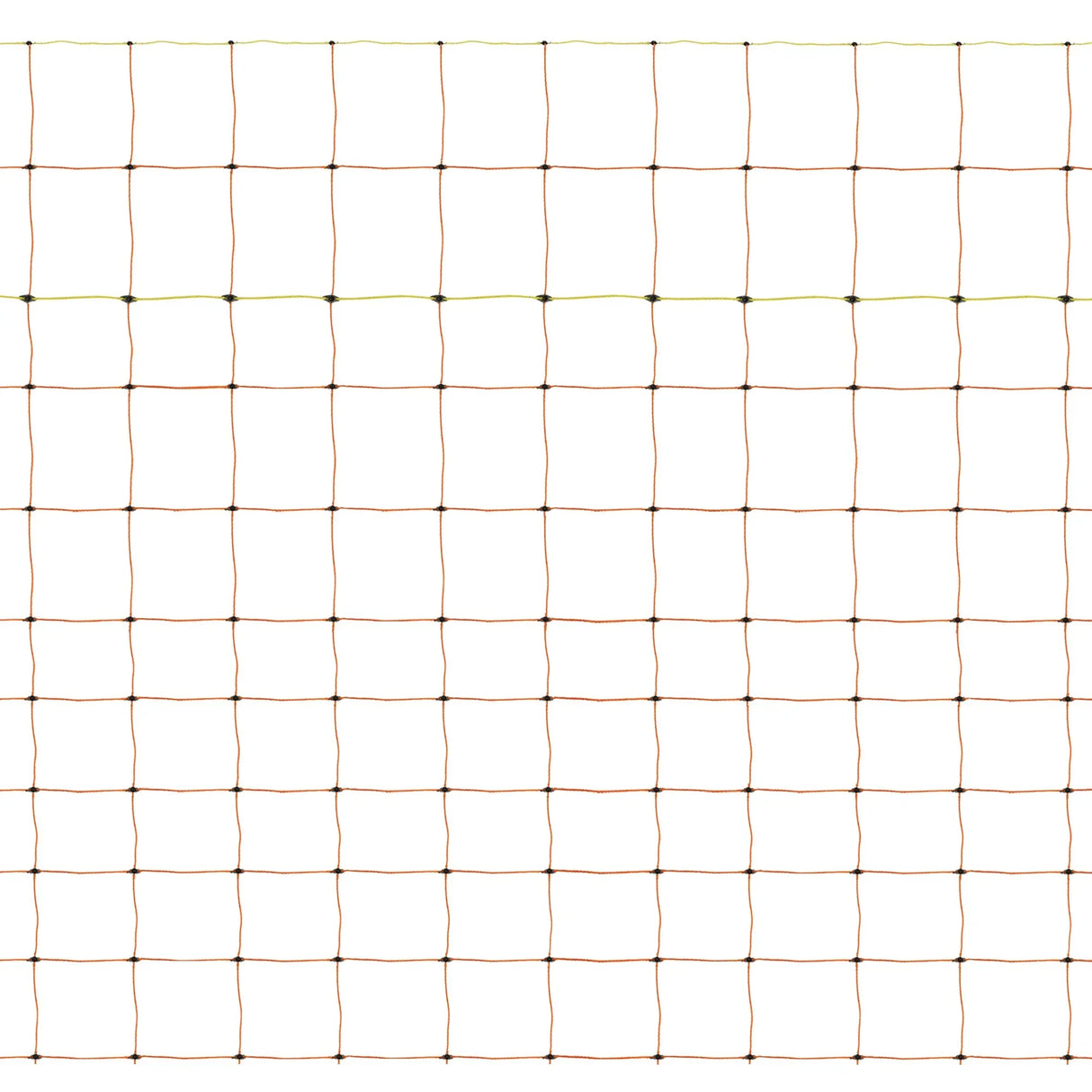Electric poultry netting in a grid pattern, featuring sturdy orange mesh with black connectors, ideal for secure animal containment