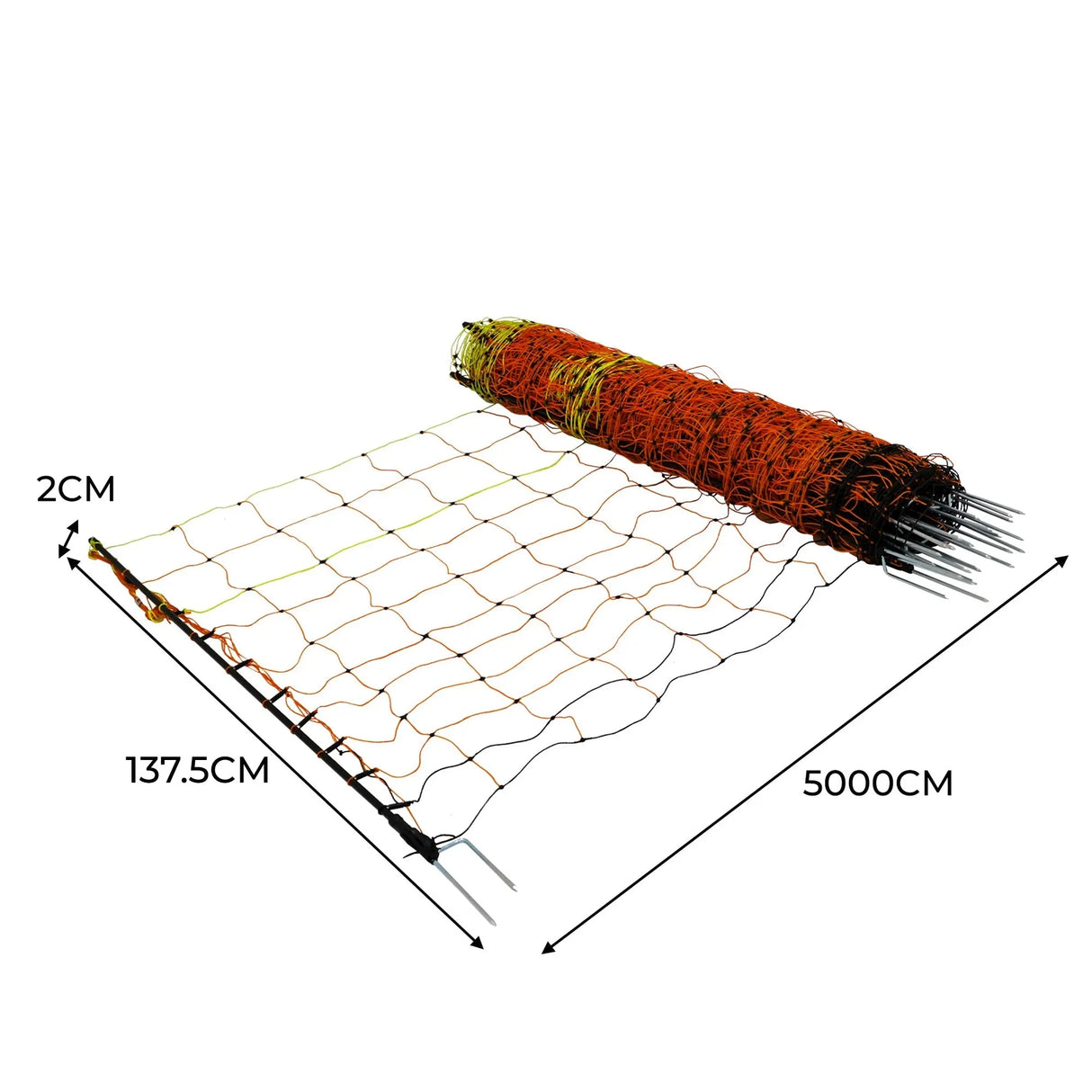 Electric poultry netting in vibrant orange and black, 50m long, featuring a sturdy mesh design with metal stakes for secure installation