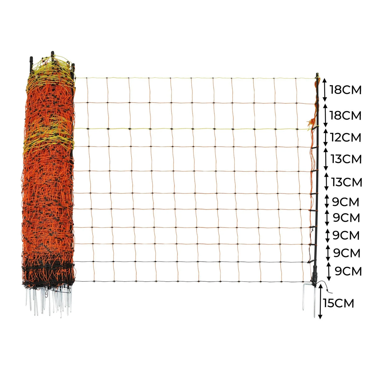 Electric poultry netting in vibrant orange and yellow, measuring 50m, features sturdy mesh with various height sections for effective fencing
