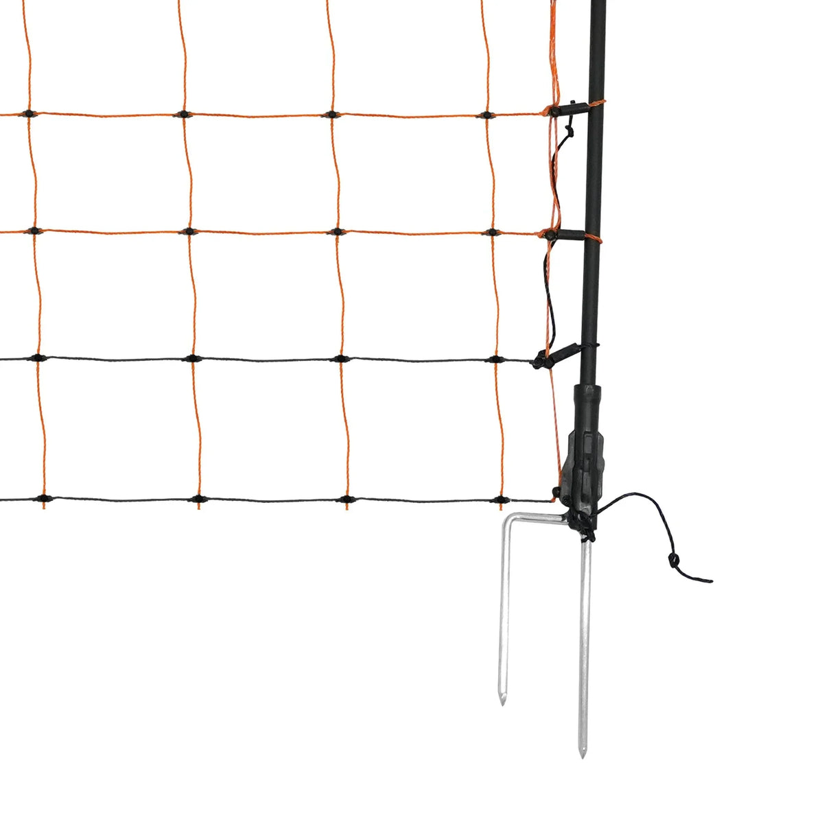 Electric poultry netting in black and orange, 50m long, featuring sturdy posts and a grid design for secure fencing