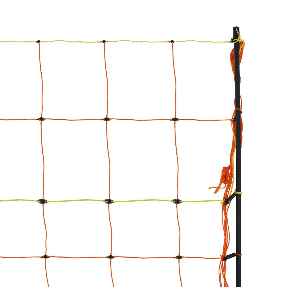 Electric poultry netting in bright orange and yellow, featuring sturdy mesh design with vertical posts for secure fencing, 50m length