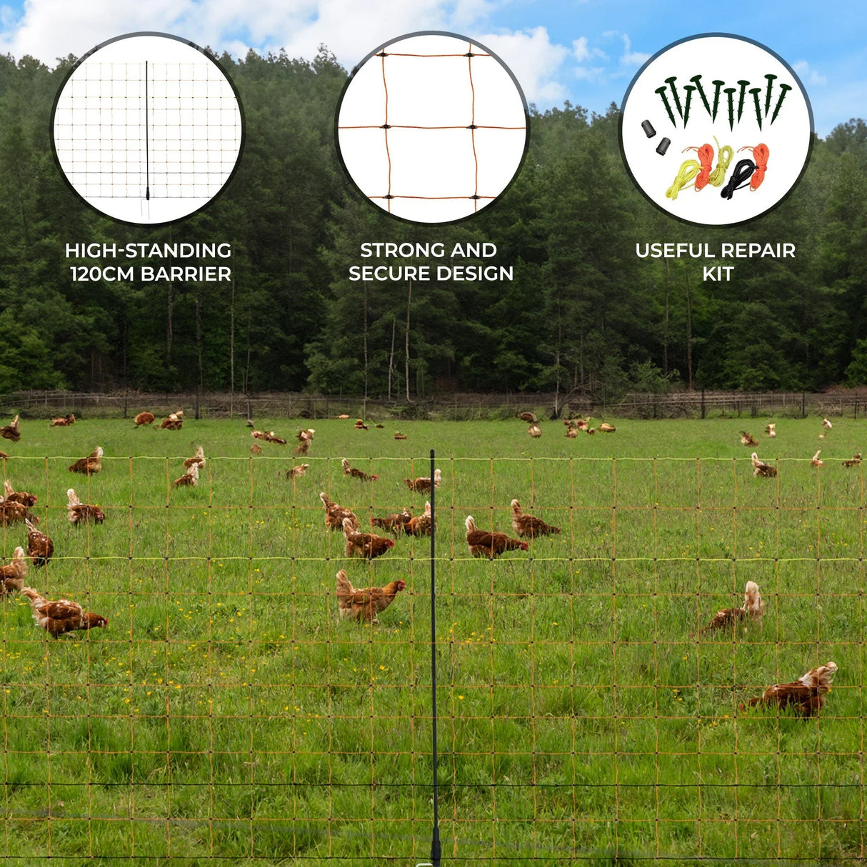 Electric poultry netting, 50m, features a 120cm high barrier, strong design, and includes a repair kit, ideal for secure chicken enclosures