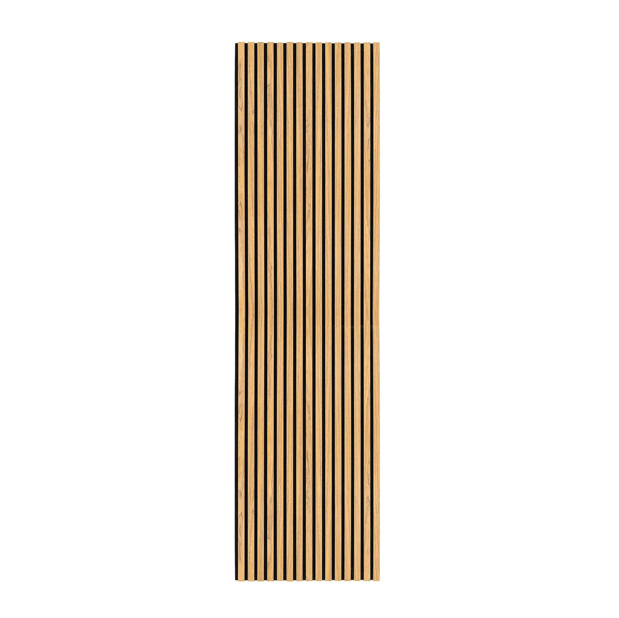 Acoustic slat wall panel in oak, featuring vertical slats with a smooth finish, ideal for sound absorption and stylish decor