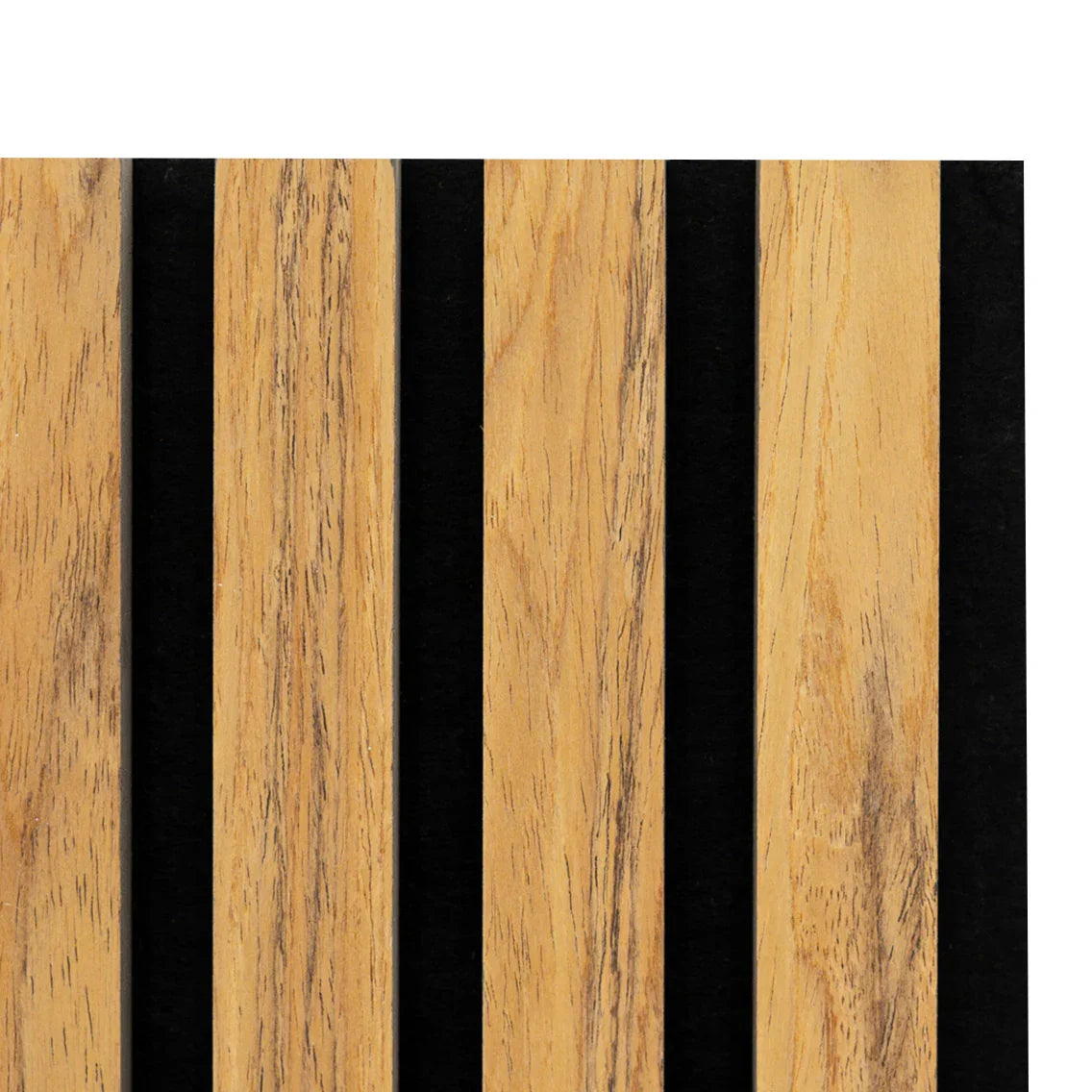 Acoustic slat wall panel in oak featuring natural wood grain, vertical slats, and contrasting black backing for sound absorption