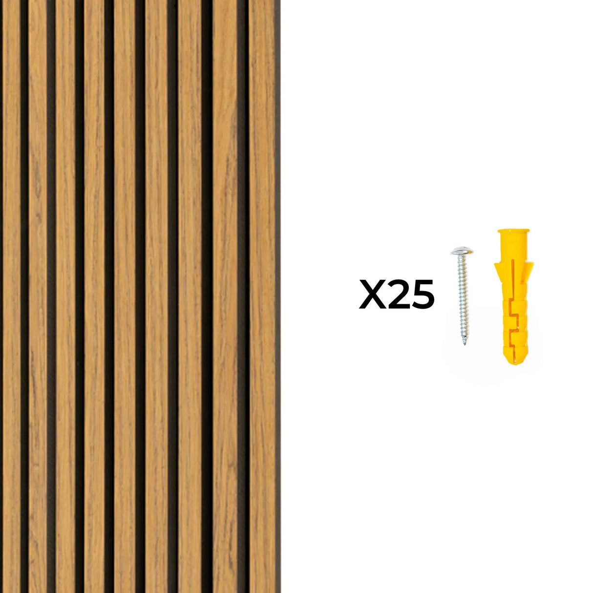 Acoustic slat wall panel in oak finish with 25 screws and anchors, showcasing a smooth, textured wood design for sound absorption
