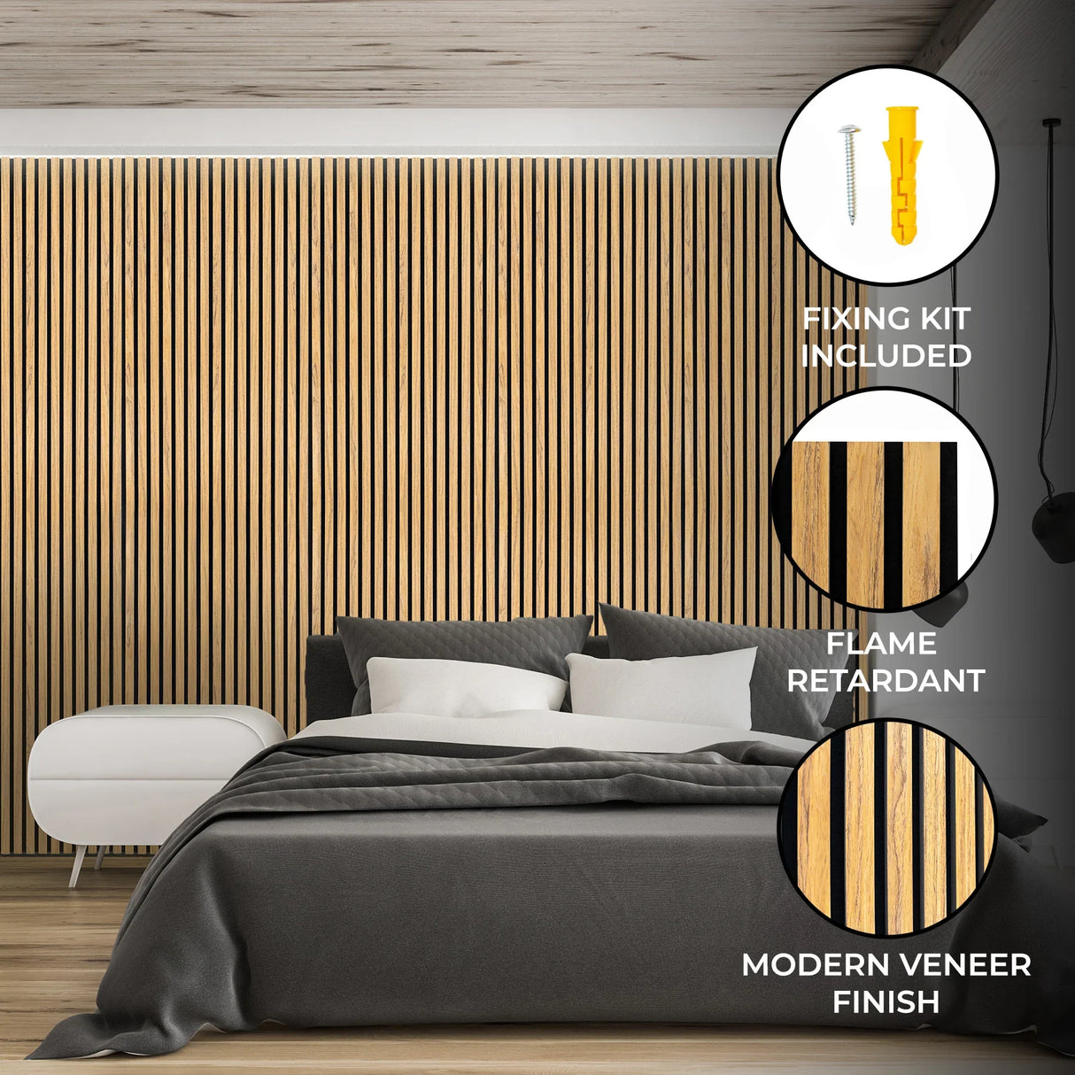 Acoustic slat wall panels in oak with a modern veneer finish, enhancing sound absorption in a stylish bedroom setting