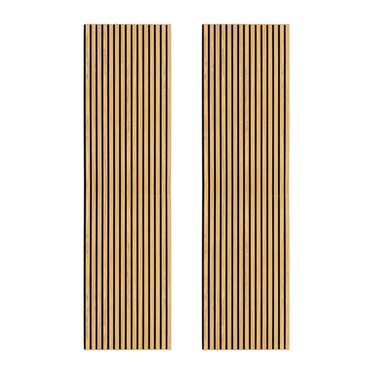 Acoustic slat wall panels in oak, featuring vertical slats with a natural wood grain texture, ideal for sound absorption and decor