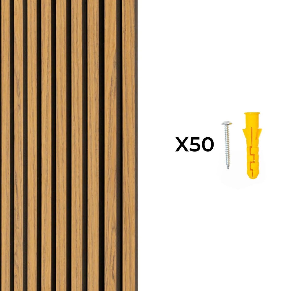Acoustic slat wall panels in oak finish, featuring a smooth texture and vertical slats, with included screws and anchors for installation