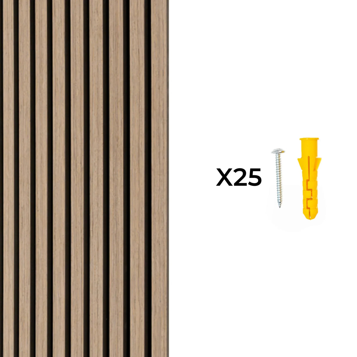 Light walnut acoustic slat wall panel featuring vertical slats, with included screws and anchors for easy installation