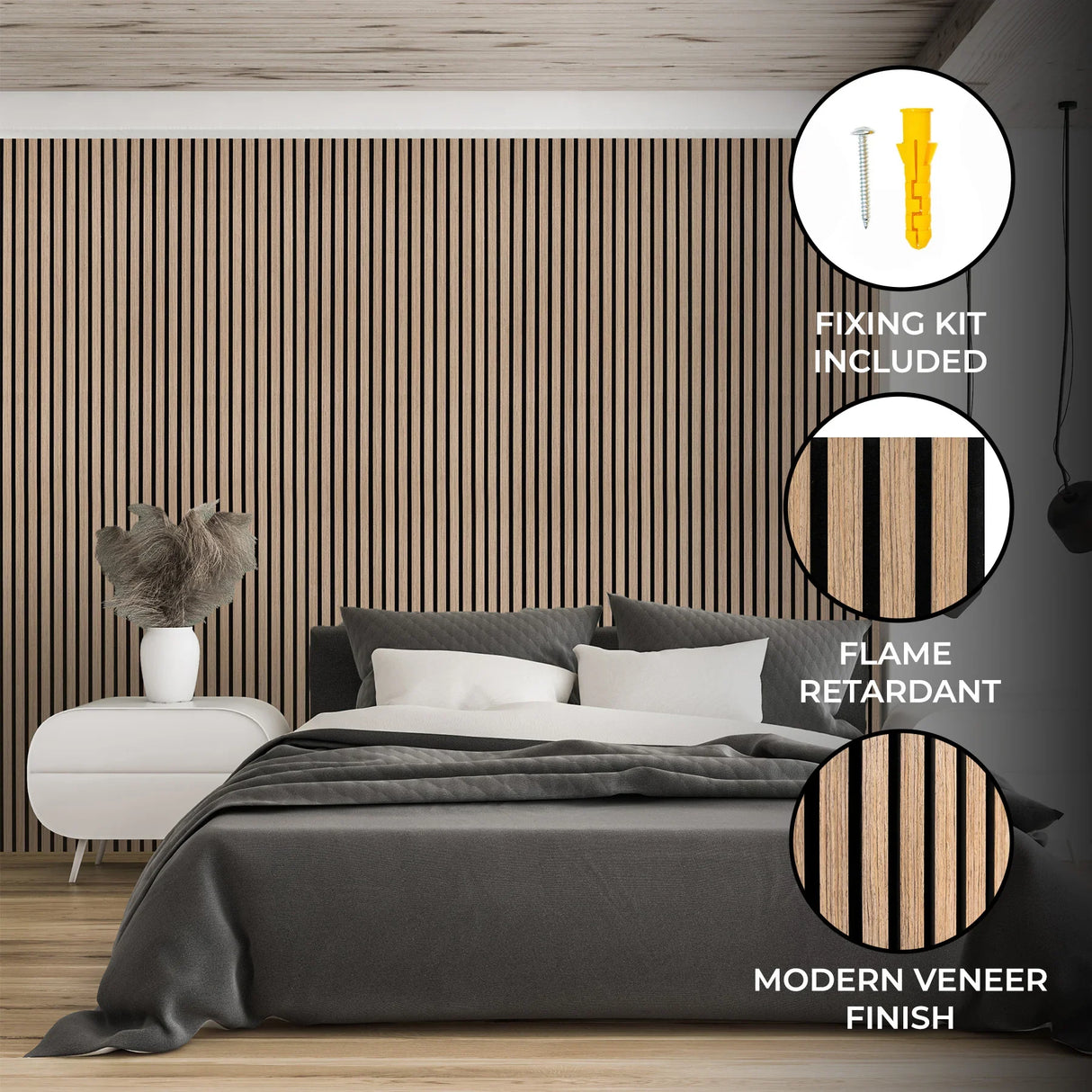 Light walnut acoustic slat wall panels with modern veneer finish, featuring a sleek design and included fixing kit for easy installation