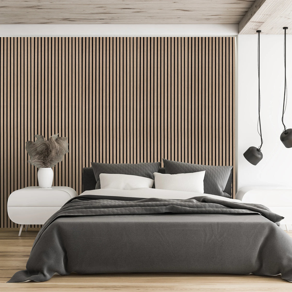 Light walnut acoustic slat wall panels enhance a modern bedroom, featuring vertical slats, a cozy bed, and stylish decor elements