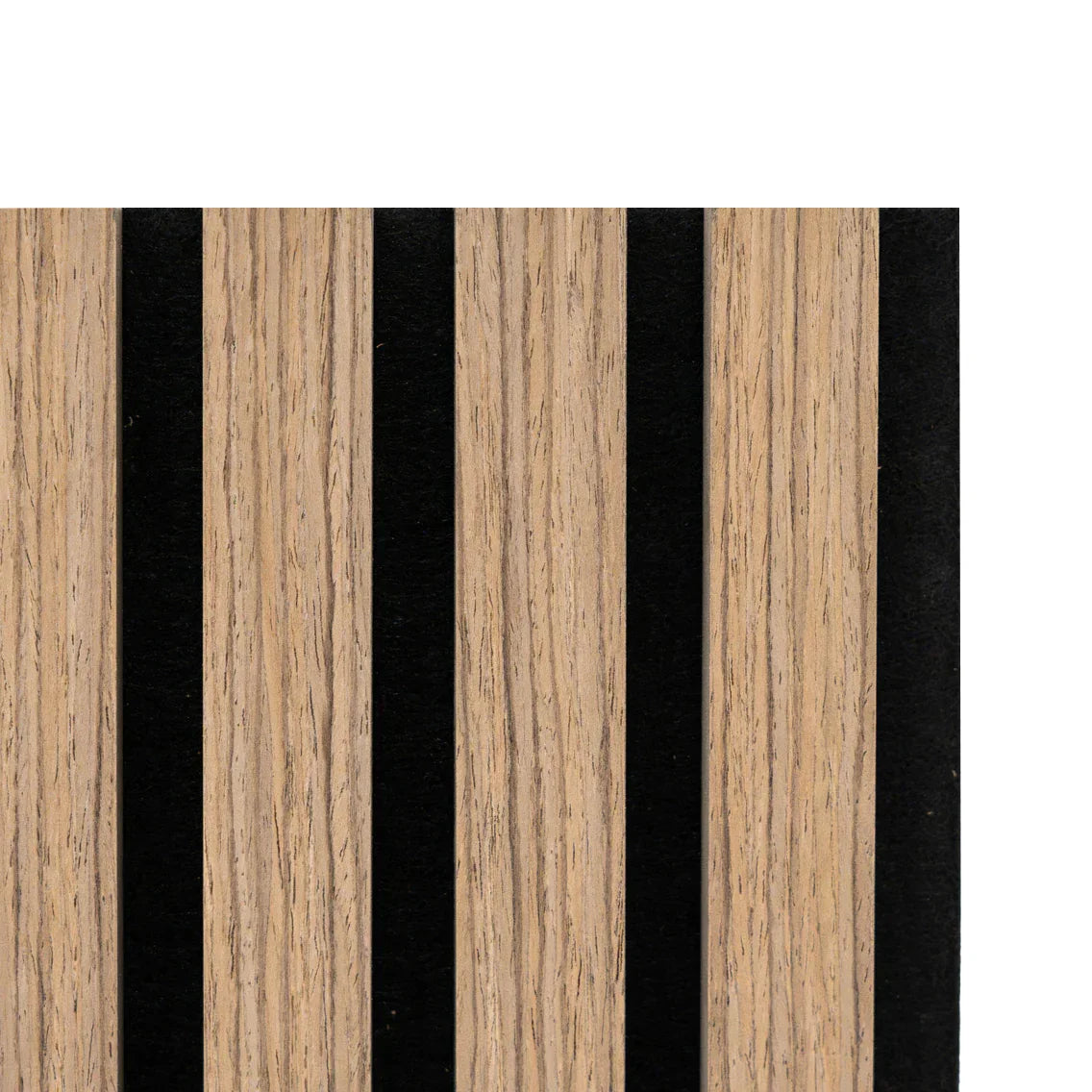 Light walnut acoustic slat wall panels featuring alternating wood and black slats, ideal for sound absorption and modern decor