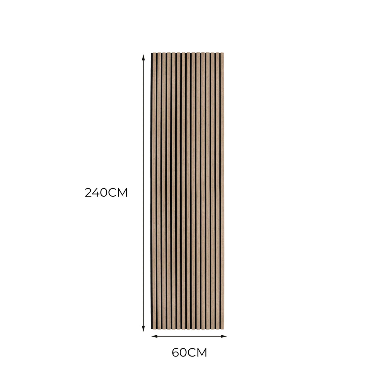Light walnut acoustic slat wall panels, featuring vertical grooves, measuring 240cm by 60cm, ideal for sound absorption and decor