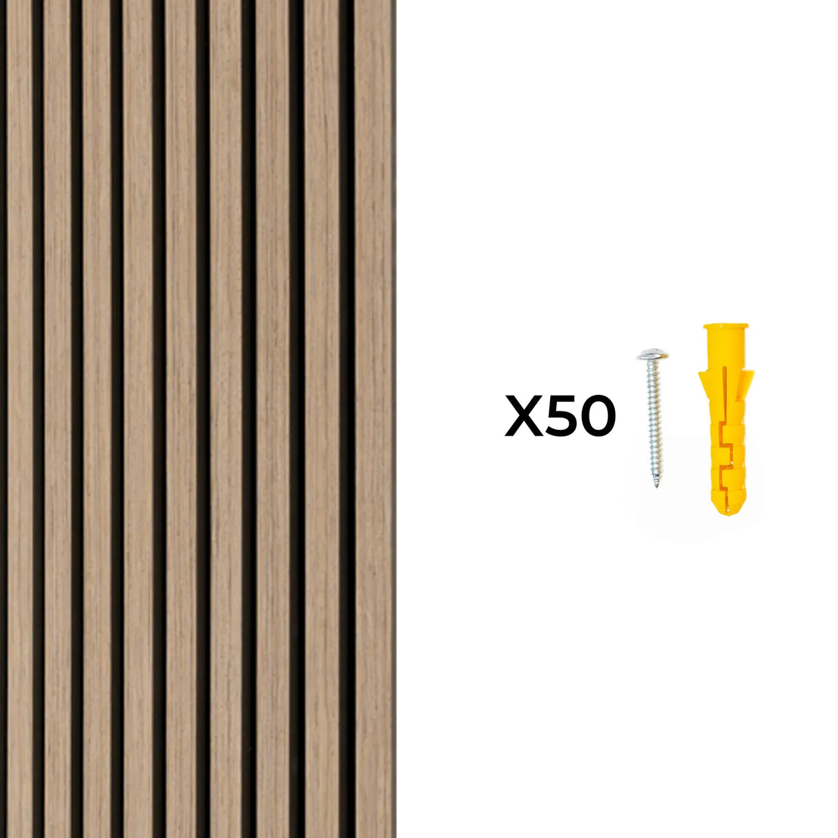 Light walnut acoustic slat wall panels featuring vertical grooves, accompanied by 50 screws and anchors for easy installation