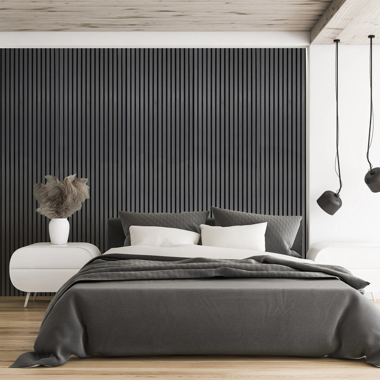 Acoustic slat wall panel in anthracite grey, featuring vertical slats, enhancing sound absorption in a modern bedroom setting