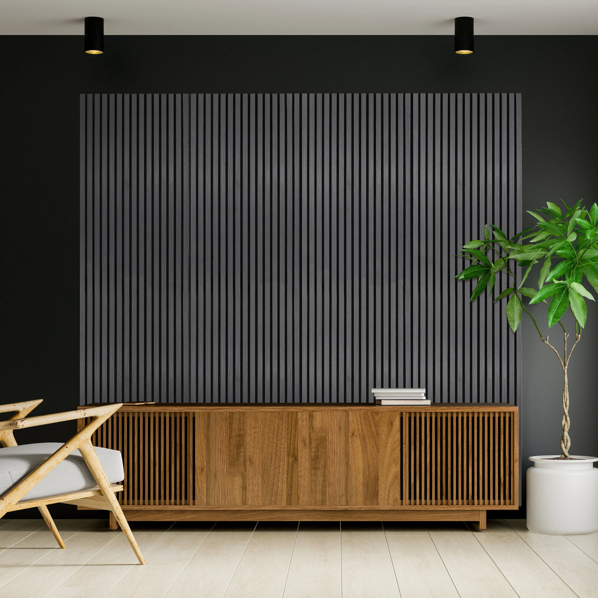 Acoustic slat wall panel in anthracite grey, featuring vertical slats, enhancing sound absorption in a modern living space