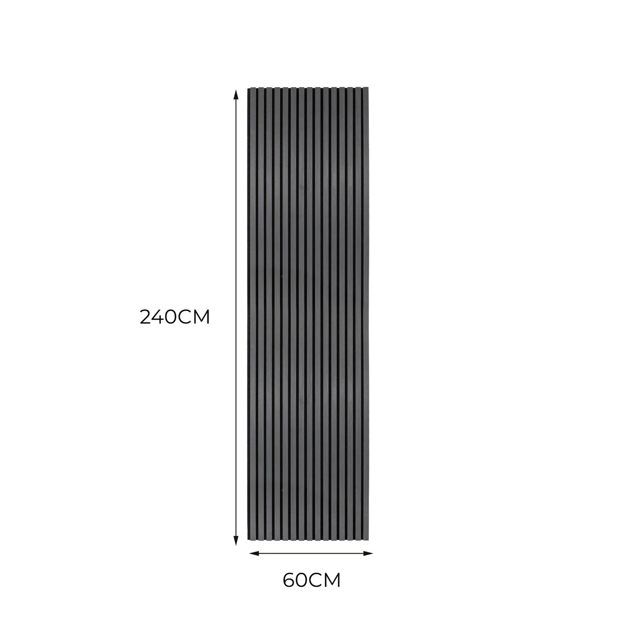 Acoustic slat wall panel in anthracite grey, featuring vertical grooves, measuring 240cm by 60cm, ideal for sound absorption and modern decor