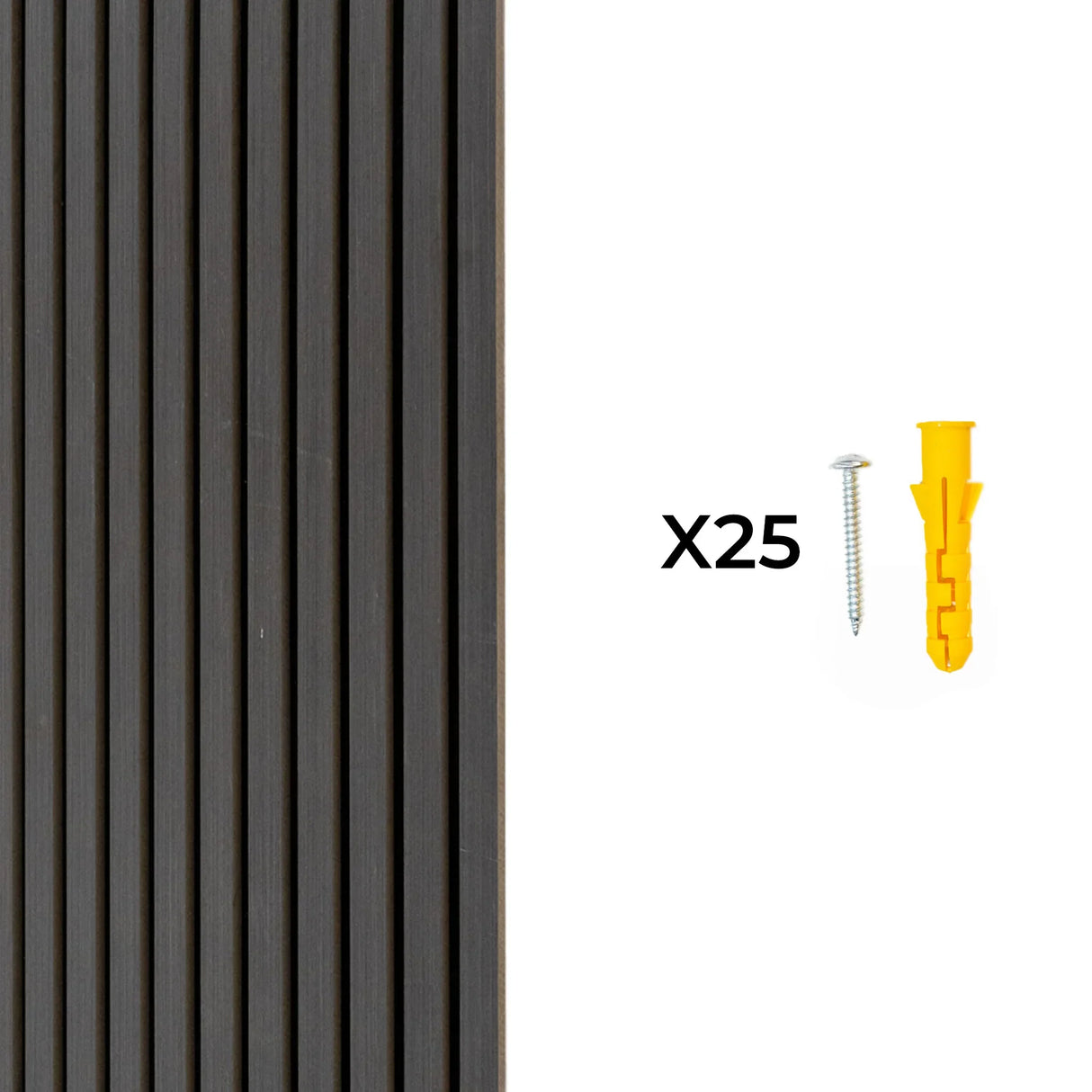 Acoustic slat wall panel in anthracite grey, featuring vertical slats with a smooth texture, accompanied by 25 screws and anchors