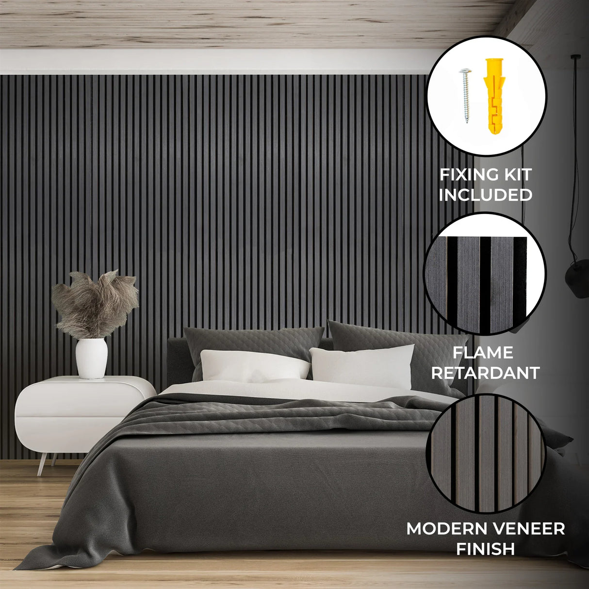 Acoustic slat wall panel in anthracite grey, featuring sleek vertical lines, modern veneer finish, and included fixing kit for easy installation