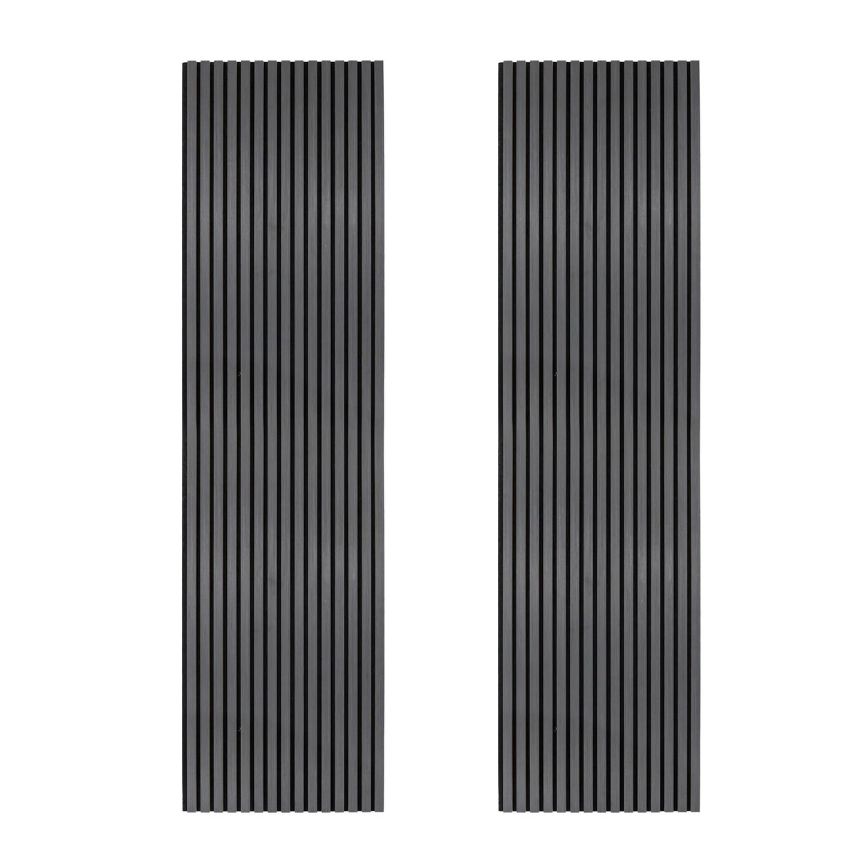 Acoustic slat wall panels in anthracite grey, featuring a sleek, textured design with vertical grooves for sound absorption