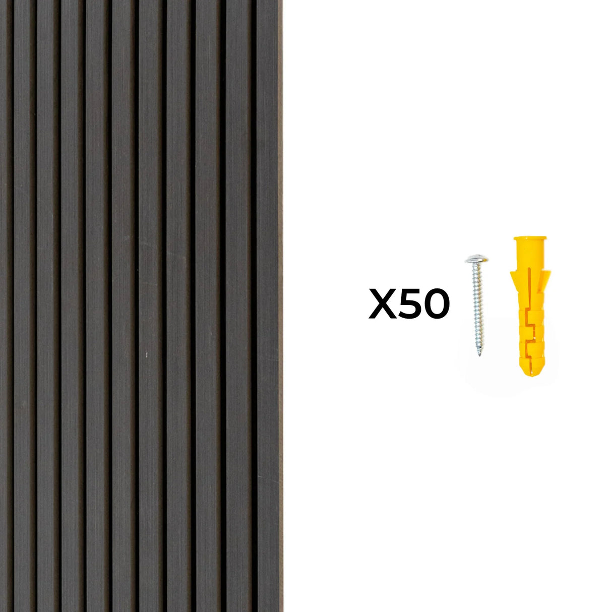 Acoustic slat wall panels in anthracite grey, featuring sleek vertical slats, accompanied by screws and wall plugs for installation