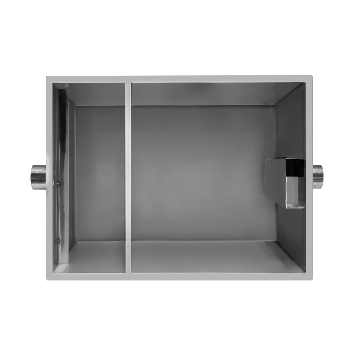 Stainless steel KuKoo grease trap with a 96-litre capacity, featuring a divided interior and smooth, durable surface for easy cleaning