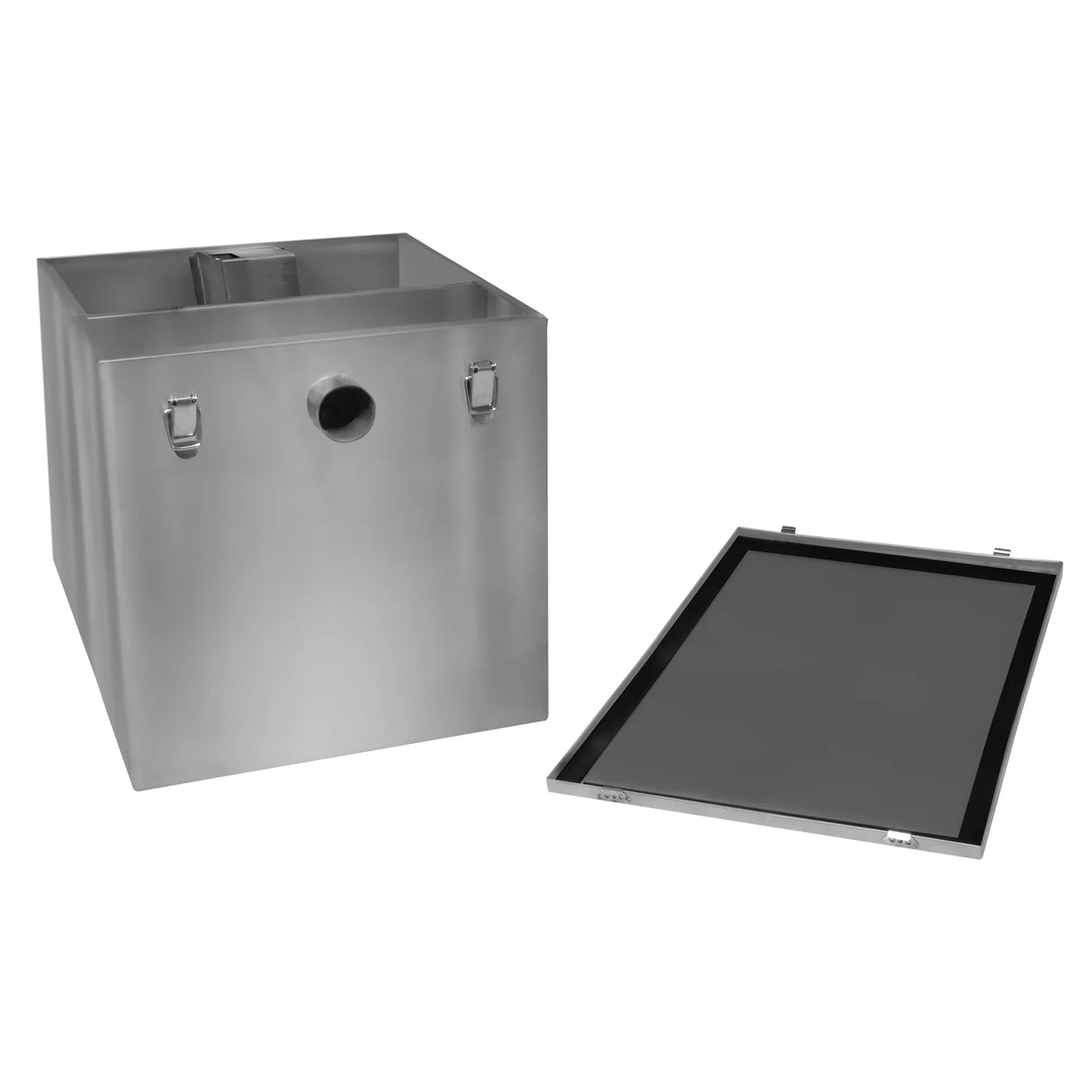 Stainless steel KuKoo grease trap, 96 litres, featuring a square design, removable lid, and side inlet for efficient waste management