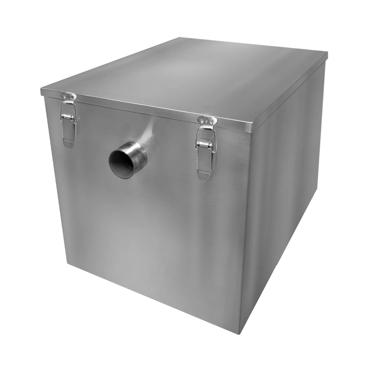 KuKoo 96-litre grease trap in stainless steel, featuring a sleek rectangular design with a secure lid and outlet pipe for efficient waste management