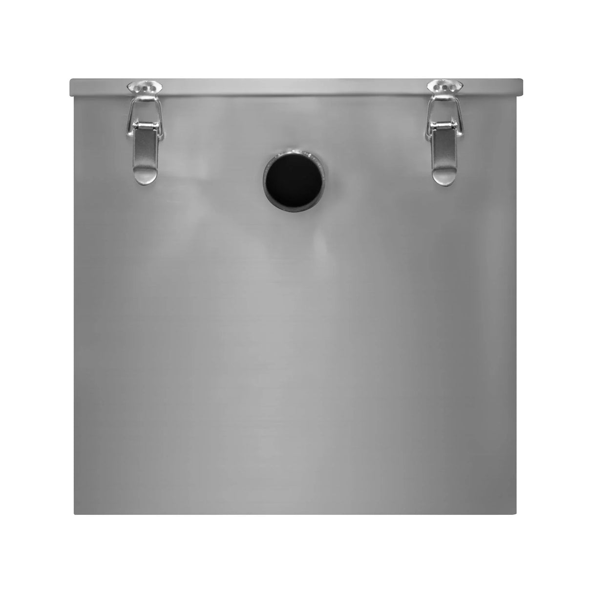 Stainless steel KuKoo grease trap with a sleek, brushed finish, featuring a central outlet and secure locking clamps for easy installation