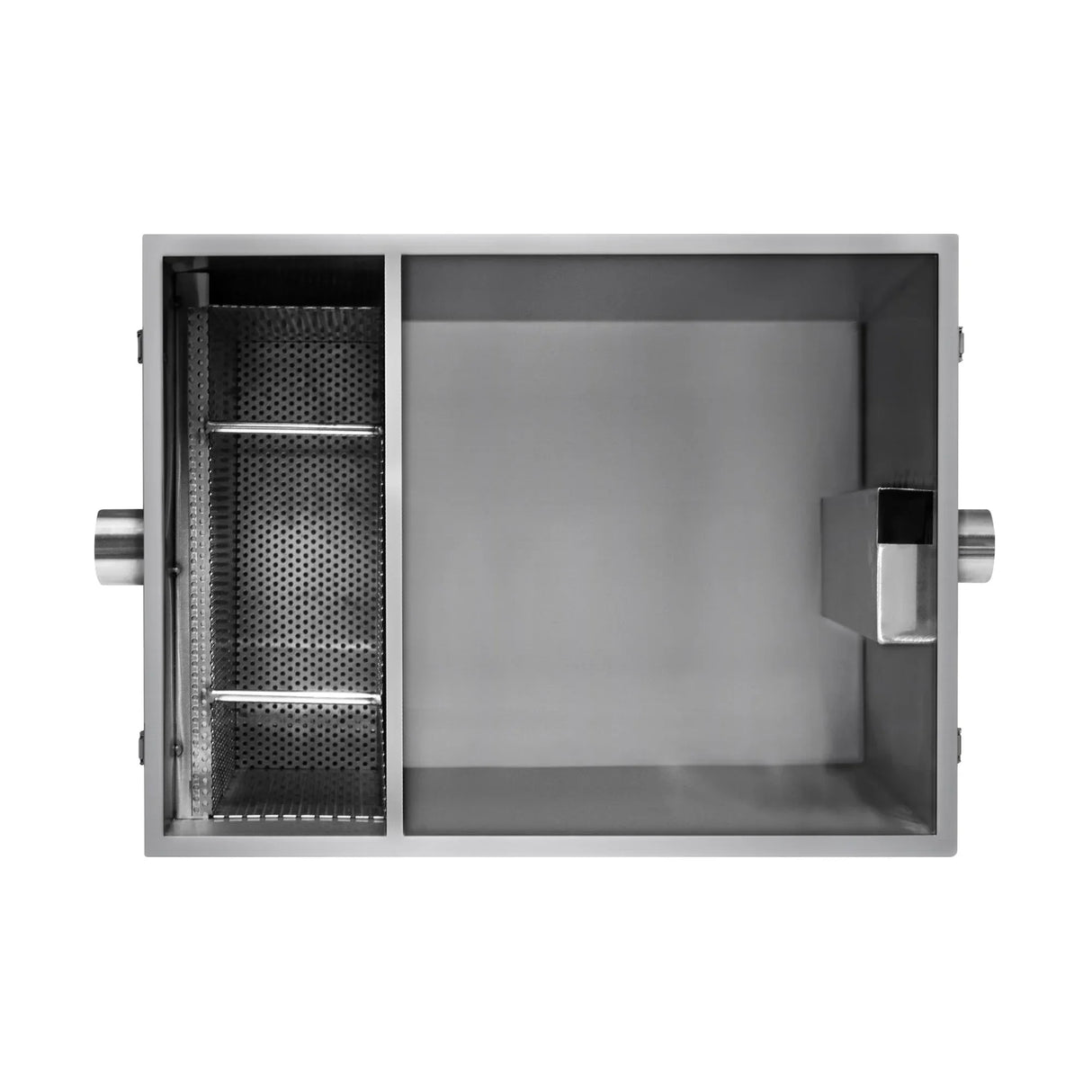 Stainless steel KuKoo grease trap with two compartments, featuring a perforated section for effective grease separation and easy cleaning