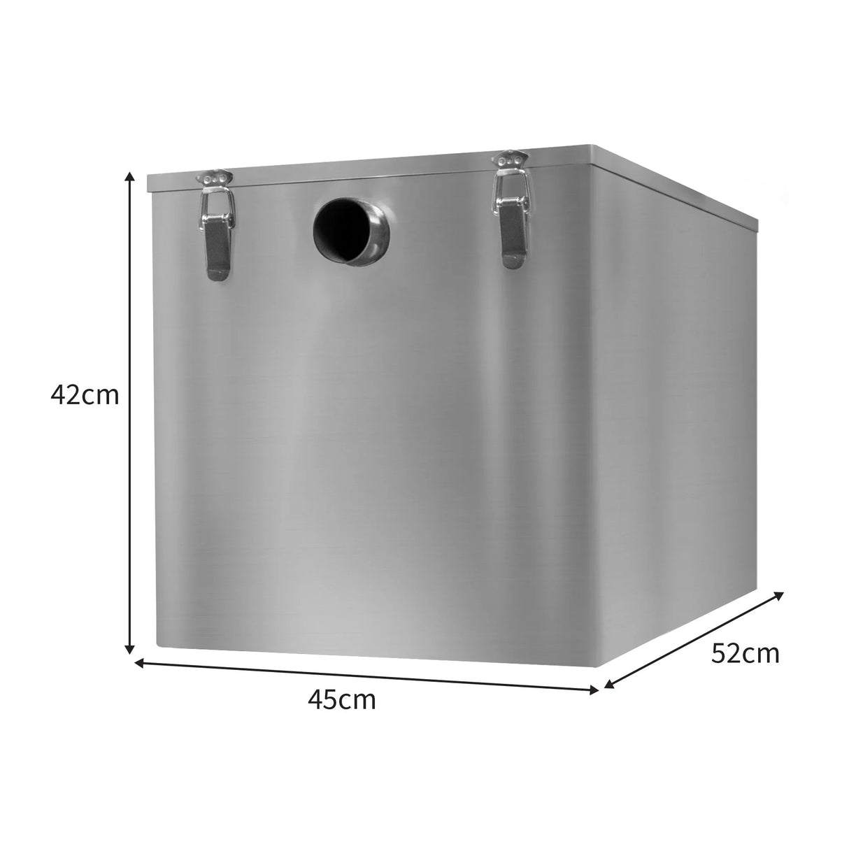 Stainless steel KuKoo grease trap, 96 litres, featuring a square design with secure latches and a drainage outlet, dimensions 52x45x42cm