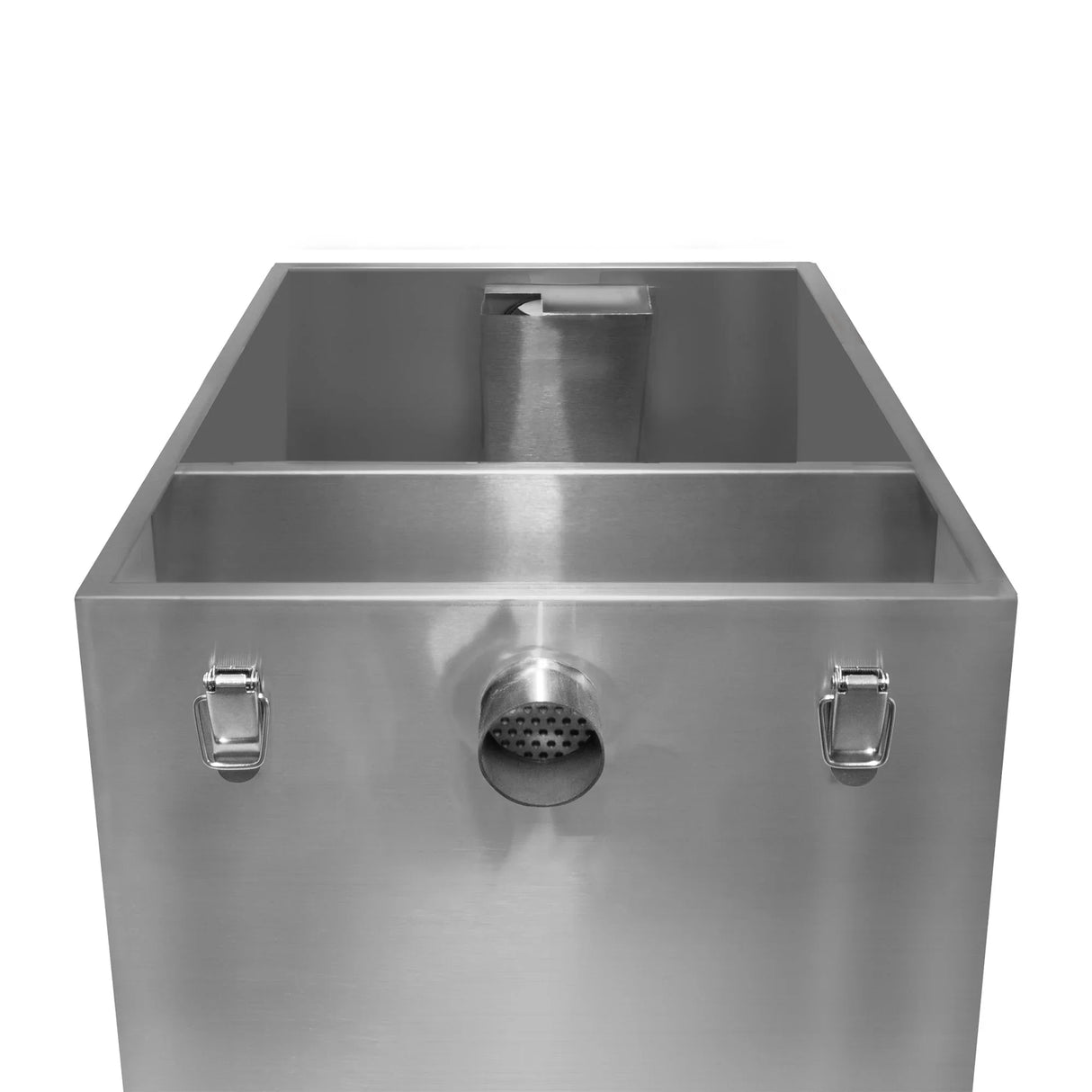 Stainless steel KuKoo grease trap with a 96-litre capacity, featuring a smooth surface, dual compartments, and a drainage outlet
