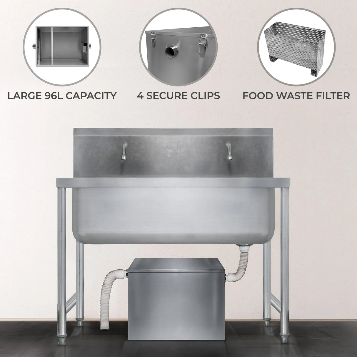Stainless steel KuKoo grease trap with 96-litre capacity, featuring secure clips, dual faucets, and a food waste filter system